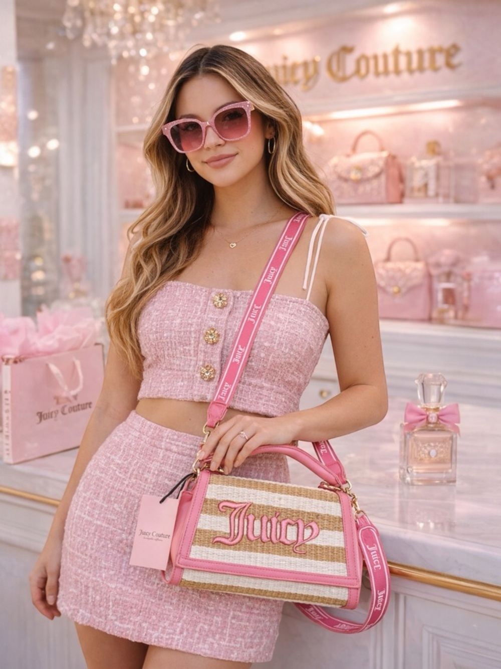 Juicy Couture Straw & Pink Crossbody Bag/Purse Adjustable Logo Strap Summer Chic - Picture 5 of 13